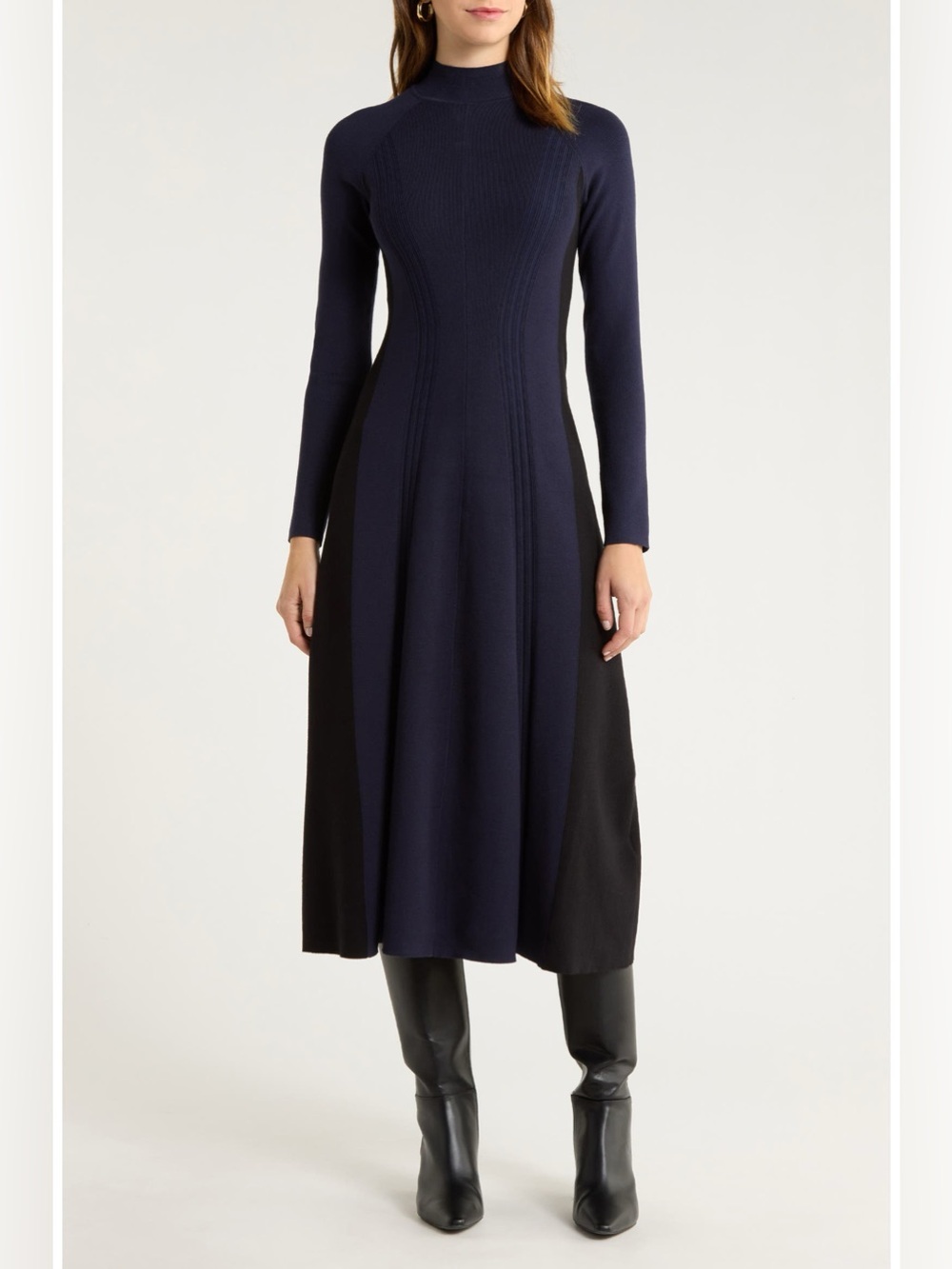 Reiss Zaya Mock Neck Long Sleeve Rib Knit Dress Navy Black Long-Sleeve Medium